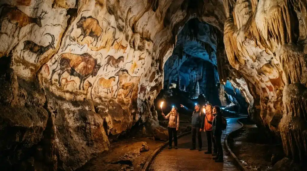 Visiteurs explorant une grotte avec peintures rupestres anciennes