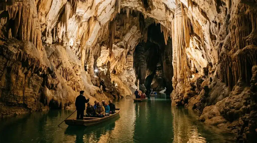 Touristes en barque naviguent dans une grotte souterraine illuminée