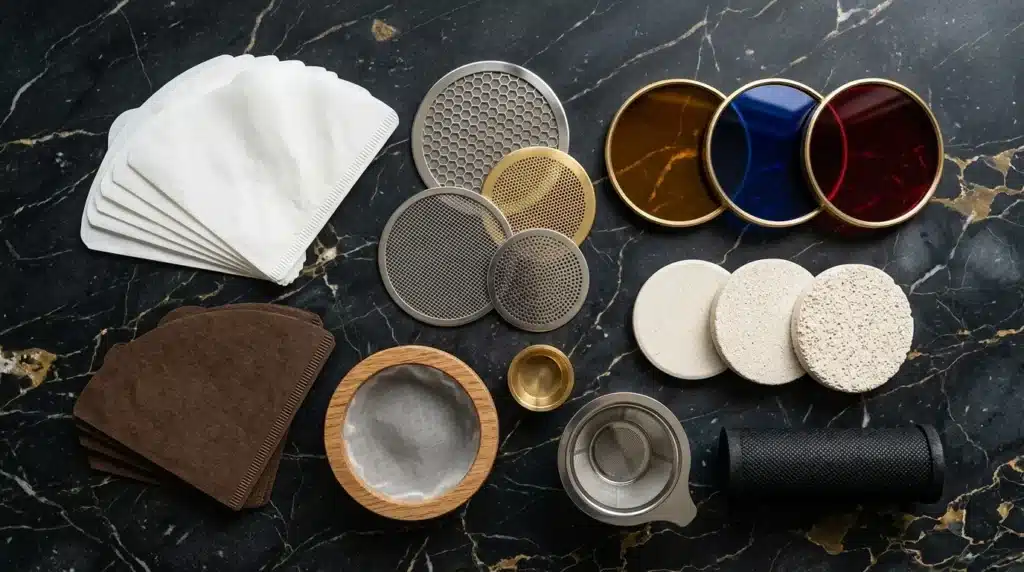 Collection d'ustensiles de filtrage, tamis et verres de dégustation colorés