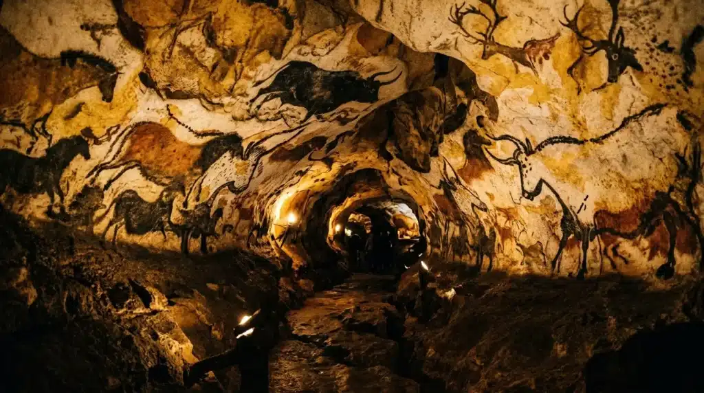 Grottes anciennes avec peintures animales et visiteurs éclairés