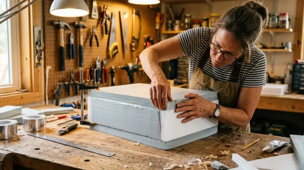 Homme peignant une boîte blanche dans son atelier
