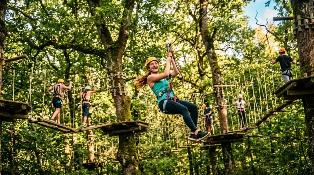 Femme souriante glisse sur tyrolienne en forêt verte