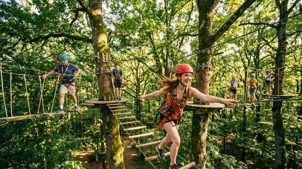 Participants traversent parcours suspendu entre arbres avec équipement sécurité