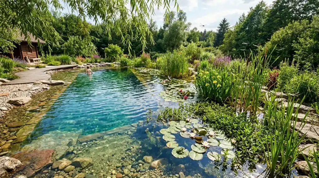 Piscine naturelle avec plantes aquatiques et baigneur