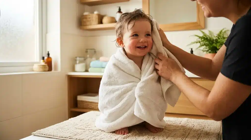 Parent enveloppant bébé souriant dans serviette blanche