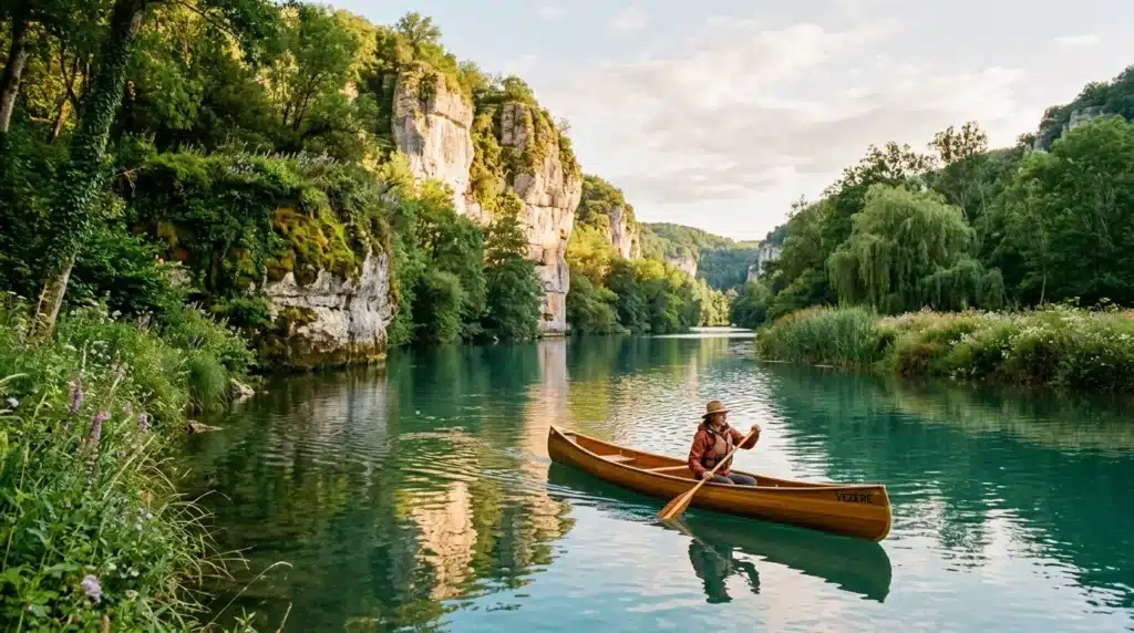 Homme pagayant en canoe sur riviere turquoise entre falaises boisees