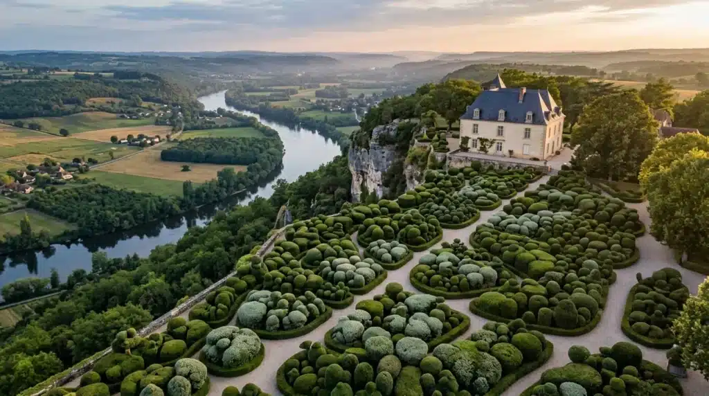 Château blanc avec jardins en topiaire surplombant une rivière
