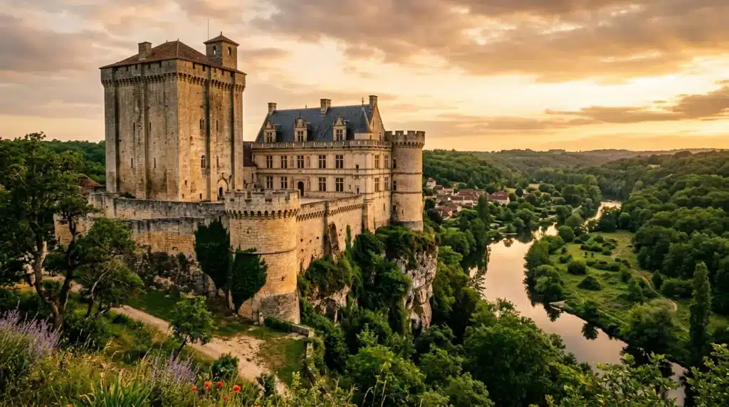 Château fortifié sur falaise surplombant rivière et vallée
