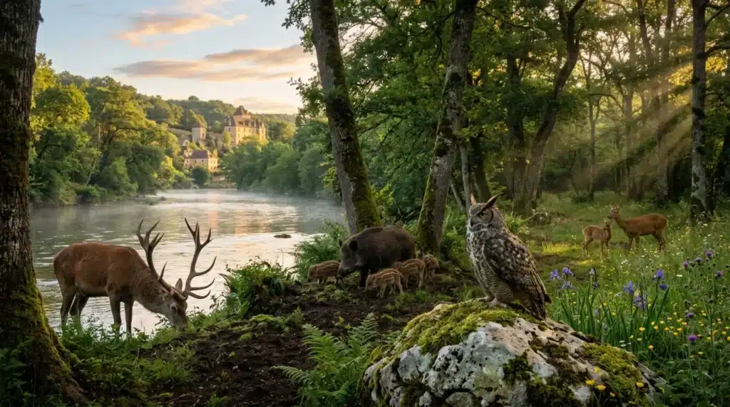 Animaux sauvages près d'un château au bord d'une rivière