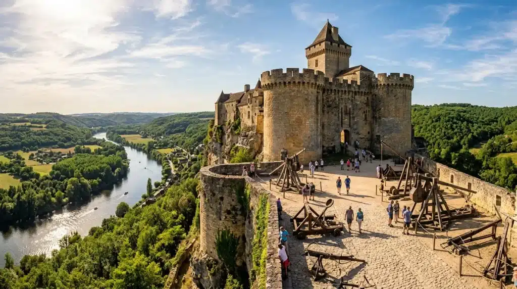 Château fortifié dominant une rivière verdoyante avec visiteurs