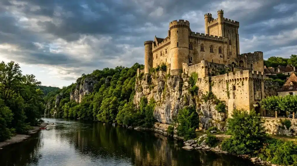 Château fortifié dominant une rivière entourée de forêt verdoyante