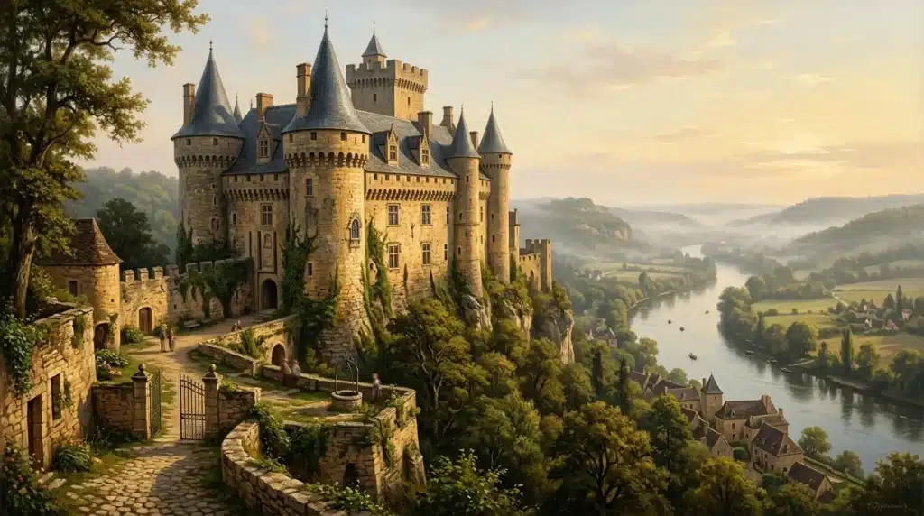 Château de pierre dominant une vallée verdoyante avec rivière