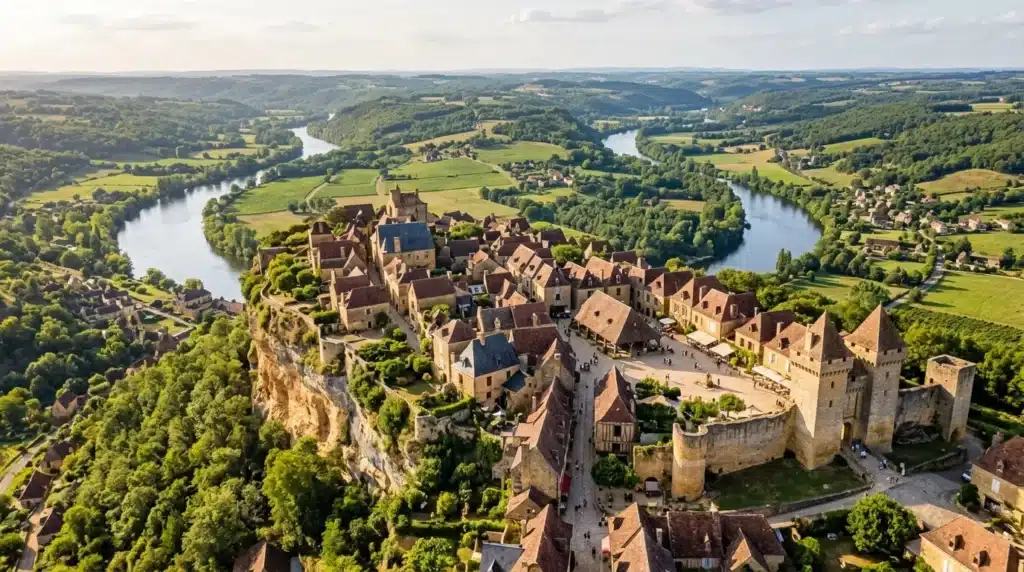 Vue aérienne château fortifié vallée rivière paysage verdoyant