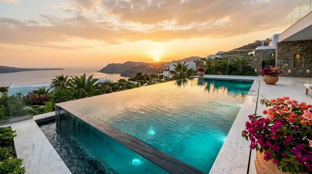 Piscine à débordement face à la mer au coucher du soleil