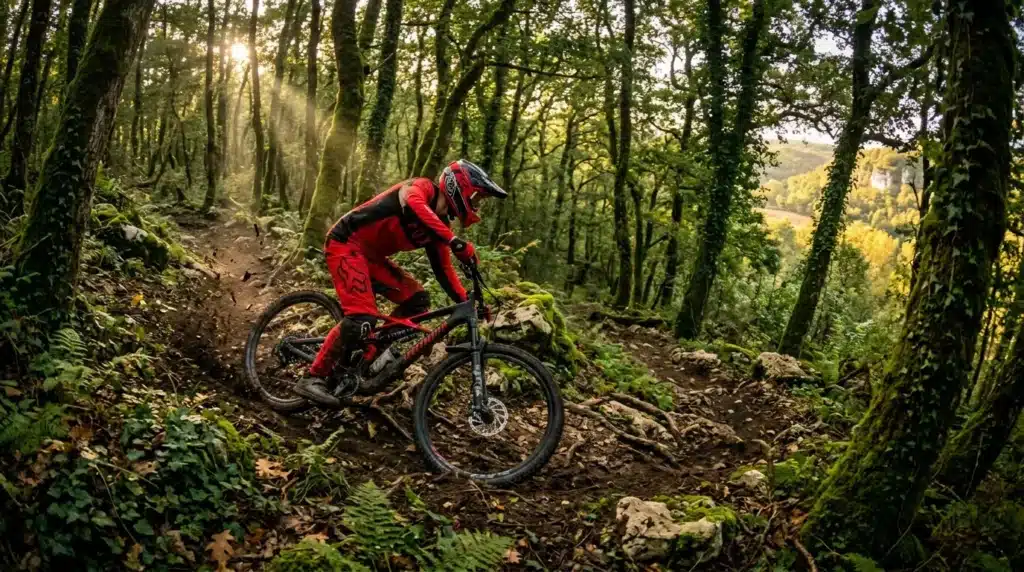 Cycliste en rouge descendant un sentier forestier montagneux