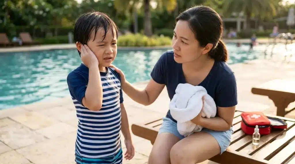 Une mère console son enfant mouillé à la piscine