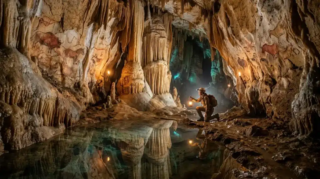 Spéléologue explorant une caverne avec stalactites et stalagmites illuminées