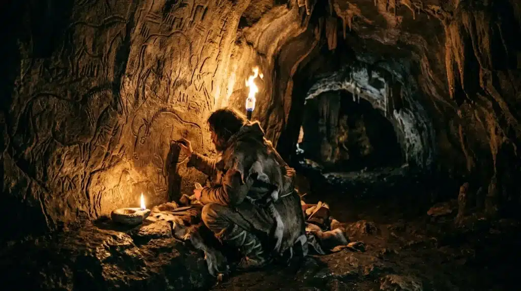 Explorateur dans une grotte illuminée par des torches enflammées