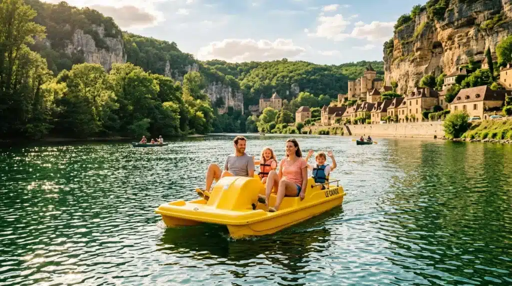 Famille naviguant en pédalo jaune sur rivière avec falaises calcaires