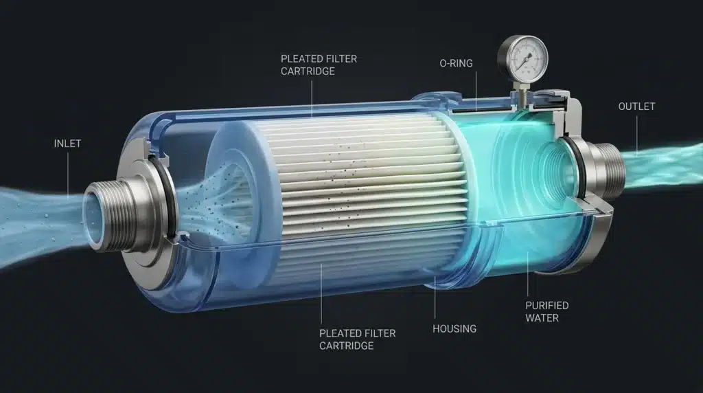 Schéma technique d'un filtre à eau montrant ses composants internes