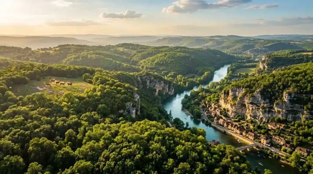 Rivière sinueuse traversant gorges rocheuses et forêts vertes