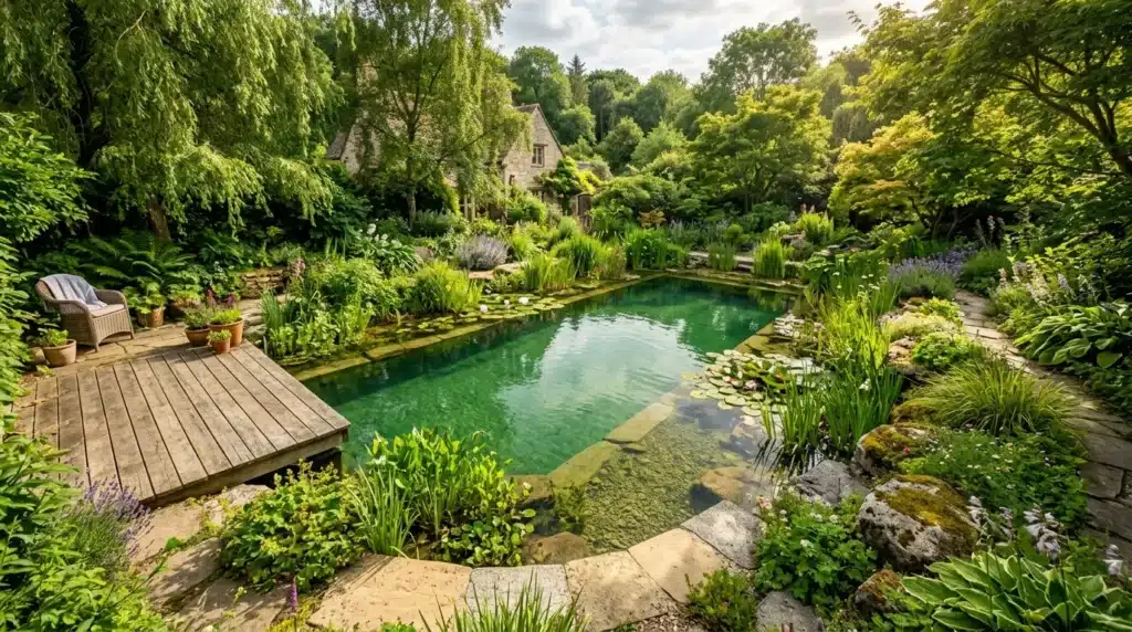 Maison de pierre entourée de verdure et bassin d'eau