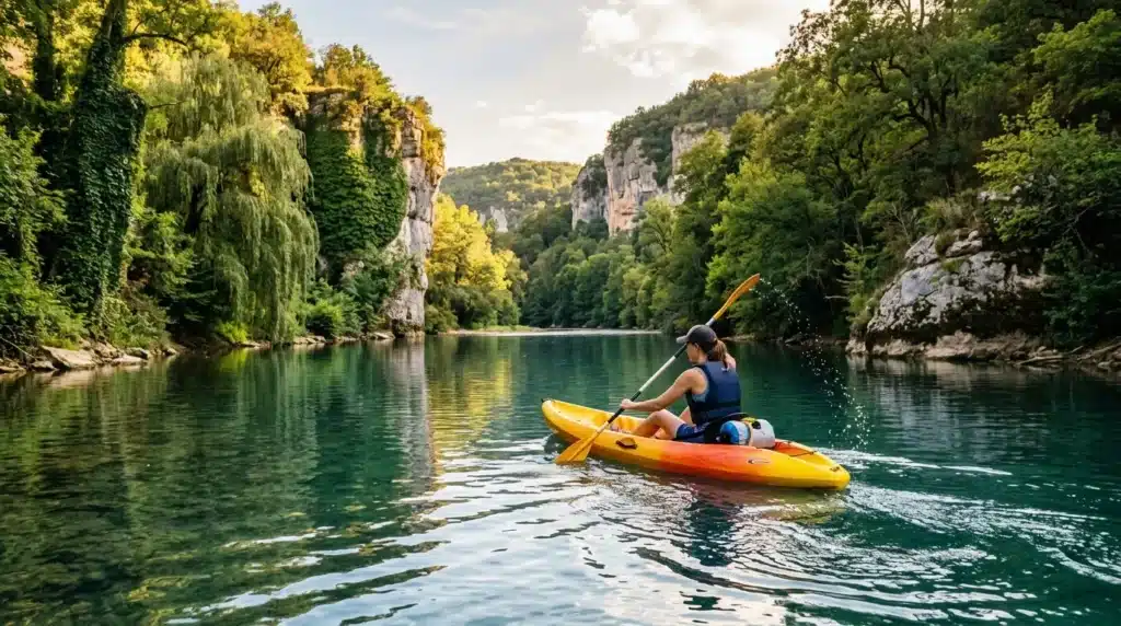 Kayakiste pagayant dans gorge rocheuse entourée de forêt dense