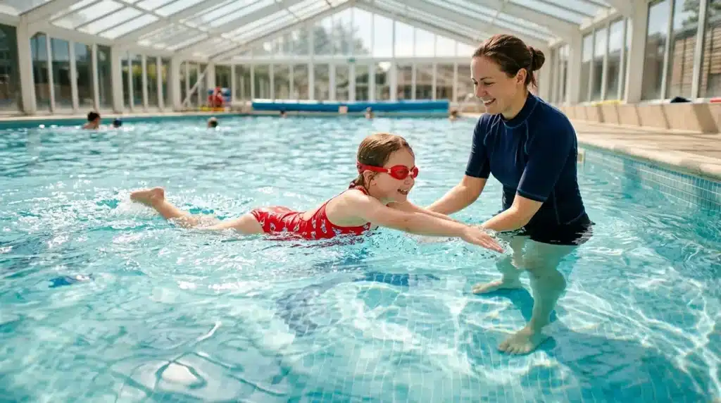 Instructrice enseigne la natation à une jeune enfant en piscine