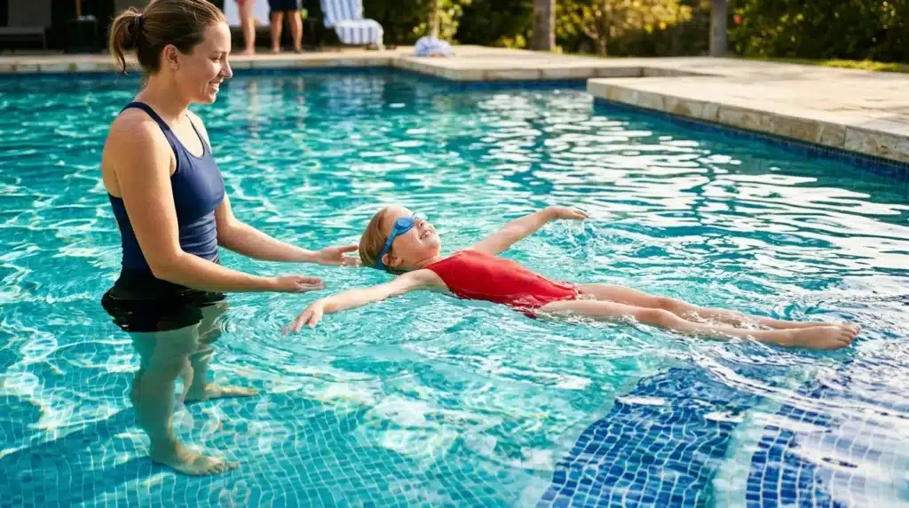 Instructrice enseigne la natation à une jeune fille en piscine