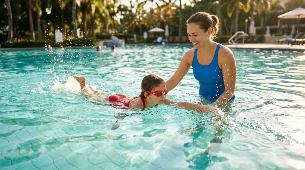Instructrice enseigne la natation à enfant en piscine