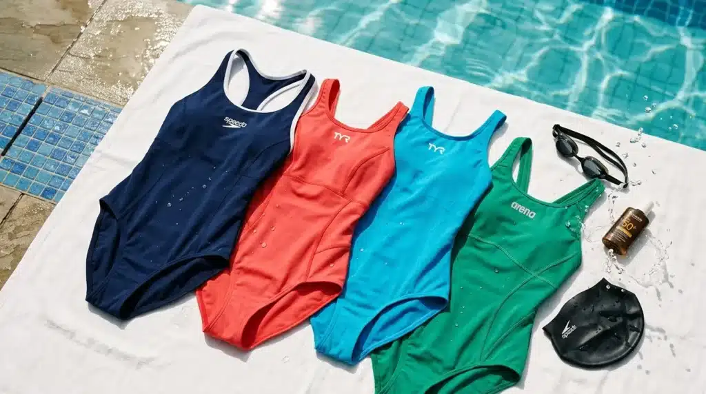 Quatre maillots de bain de couleurs variées près d'une piscine