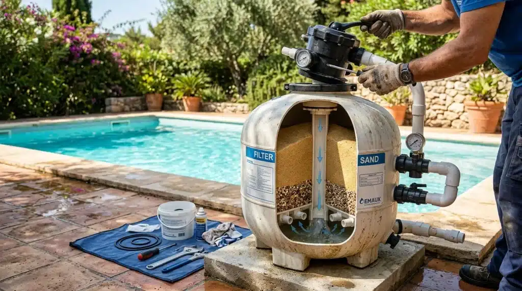 Technicien révise filtre à sable piscine avec outils