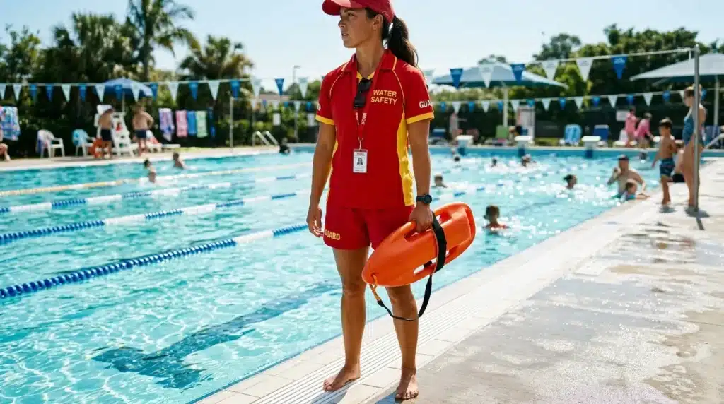 Surveillant de baignade en uniforme rouge à la piscine