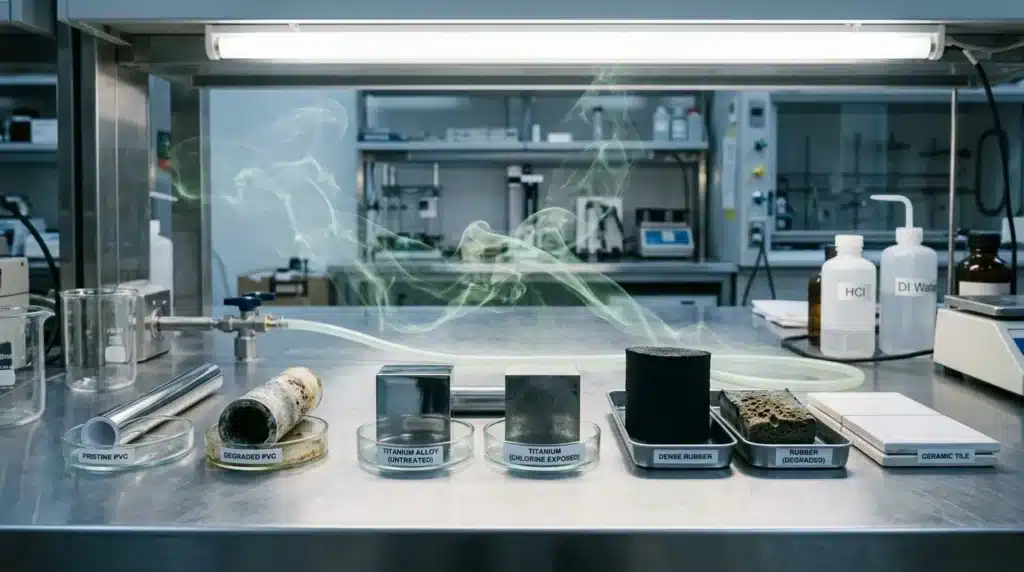 Échantillons de matériaux testés sous corrosion chimique en laboratoire