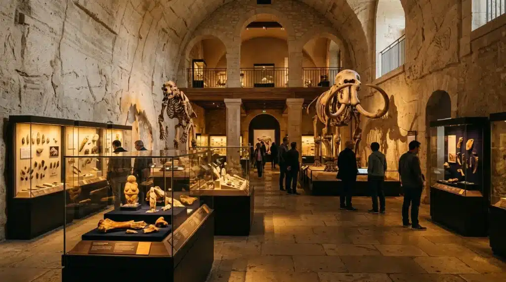 Galerie muséale avec squelettes de mammouths et vitrines archéologiques