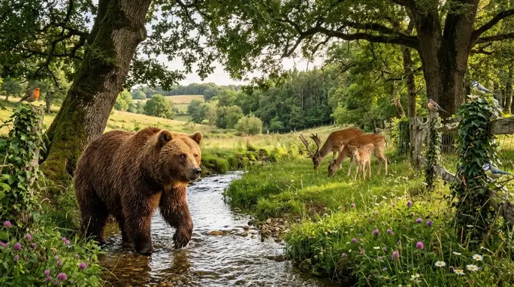 Ours brun dans ruisseau, cerfs broutant en forêt verdoyante