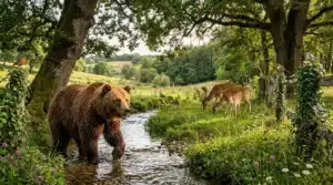 Ours brun dans ruisseau, cerfs broutant en forêt verdoyante