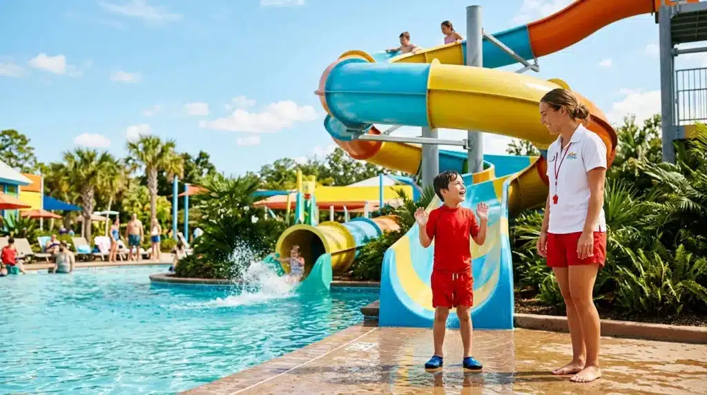 Enfant et monitrice à un parc aquatique avec toboggans colorés