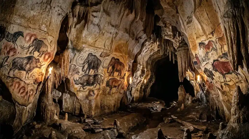 Peintures d'animaux préhistoriques sur parois rocheuses de grotte