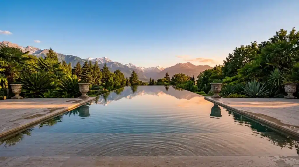 Piscine luxueuse surplombant montagnes enneigées et forêt