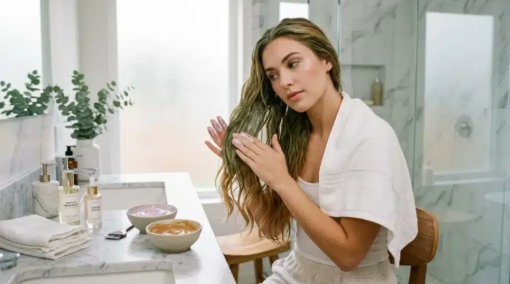 Femme appliquant un soin sur ses cheveux humides dans une salle de bain.