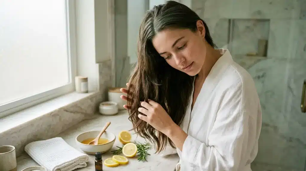Femme applique traitement capillaire naturel avec citron et huiles