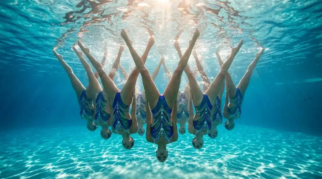 Nageuses en formation synchronisée sous l'eau, jambes levées