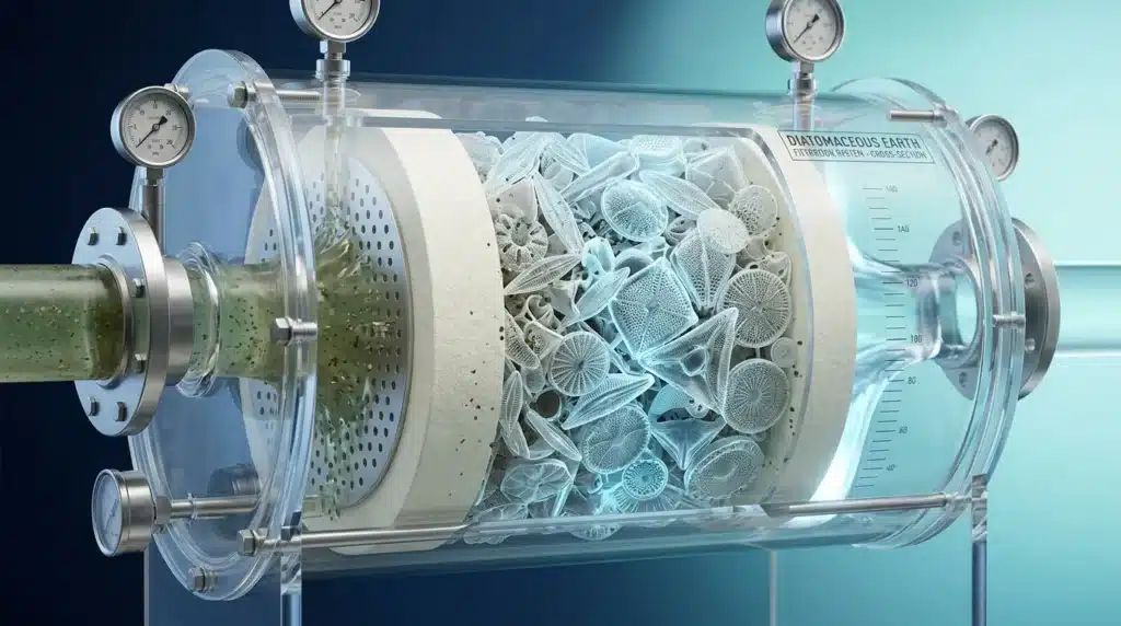 Chambre cylindrique contenant des diatomées fossilisées pour filtration