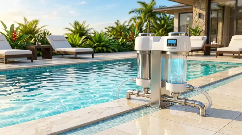 Purificateur d'eau Aquaflow au bord d'une piscine luxueuse