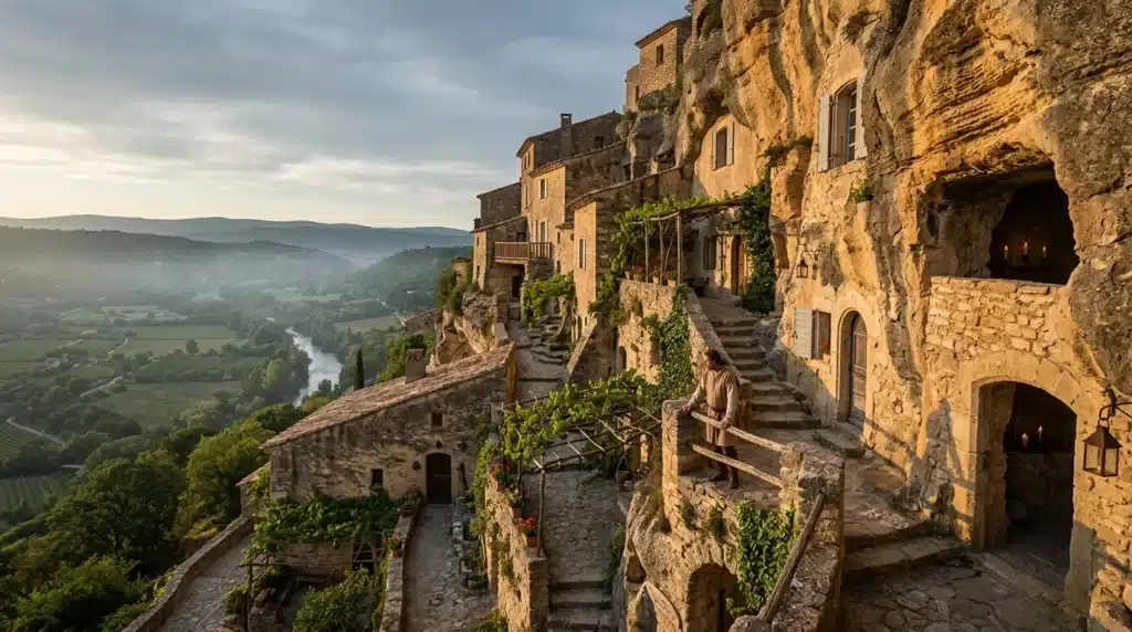 Ancien village en pierre perché sur falaise avec vallée verdoyante