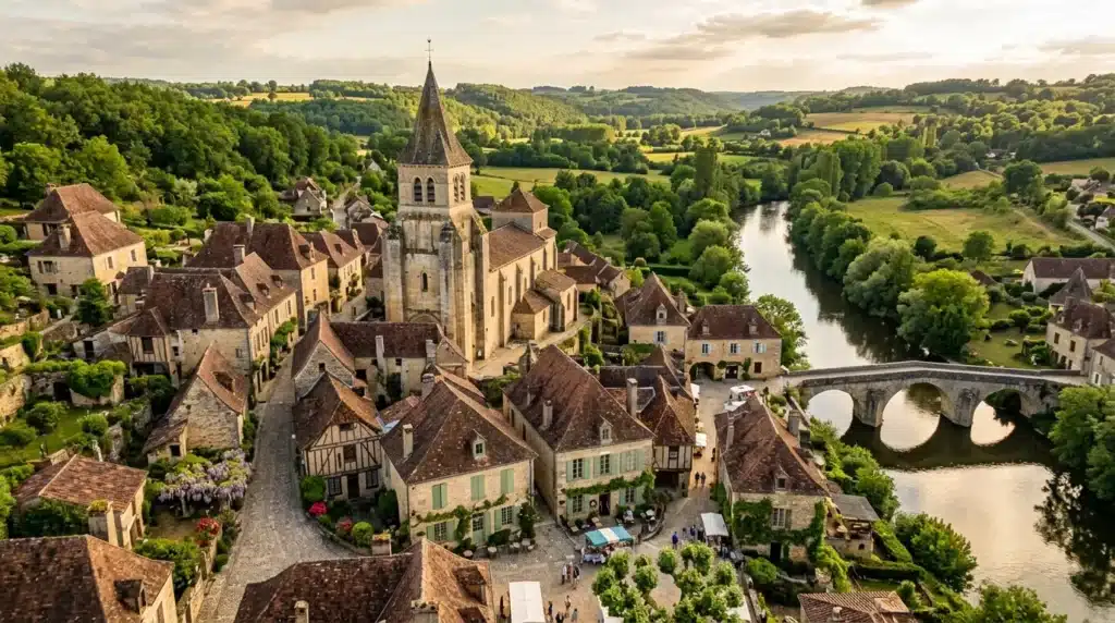 Village médiéval avec église au bord d'une rivière verdoyante