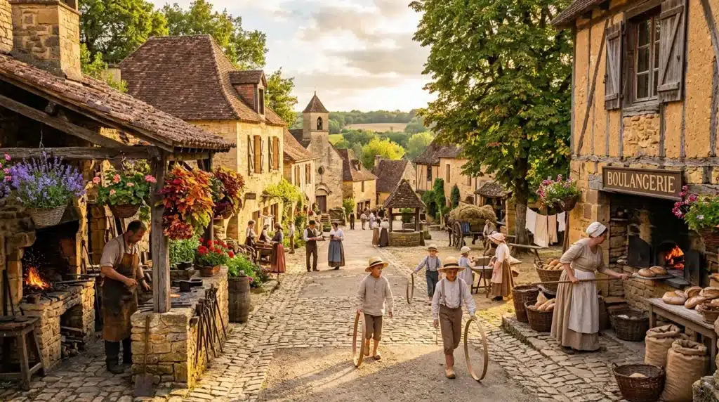 Rue pavée de village médiéval avec habitants et boulangerie
