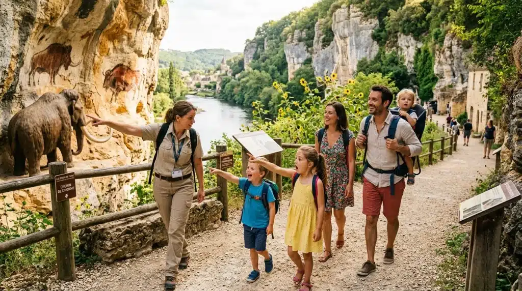 Famille suivant guide touristique dans gorge rocheuse avec rivière